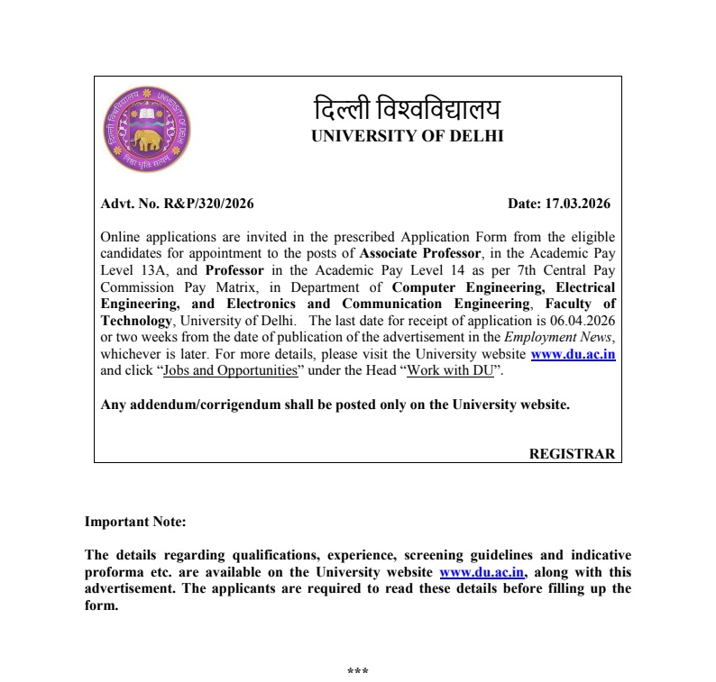 University of Delhi Professor, Associate Professor, Assistant Professor Recruitment 2026