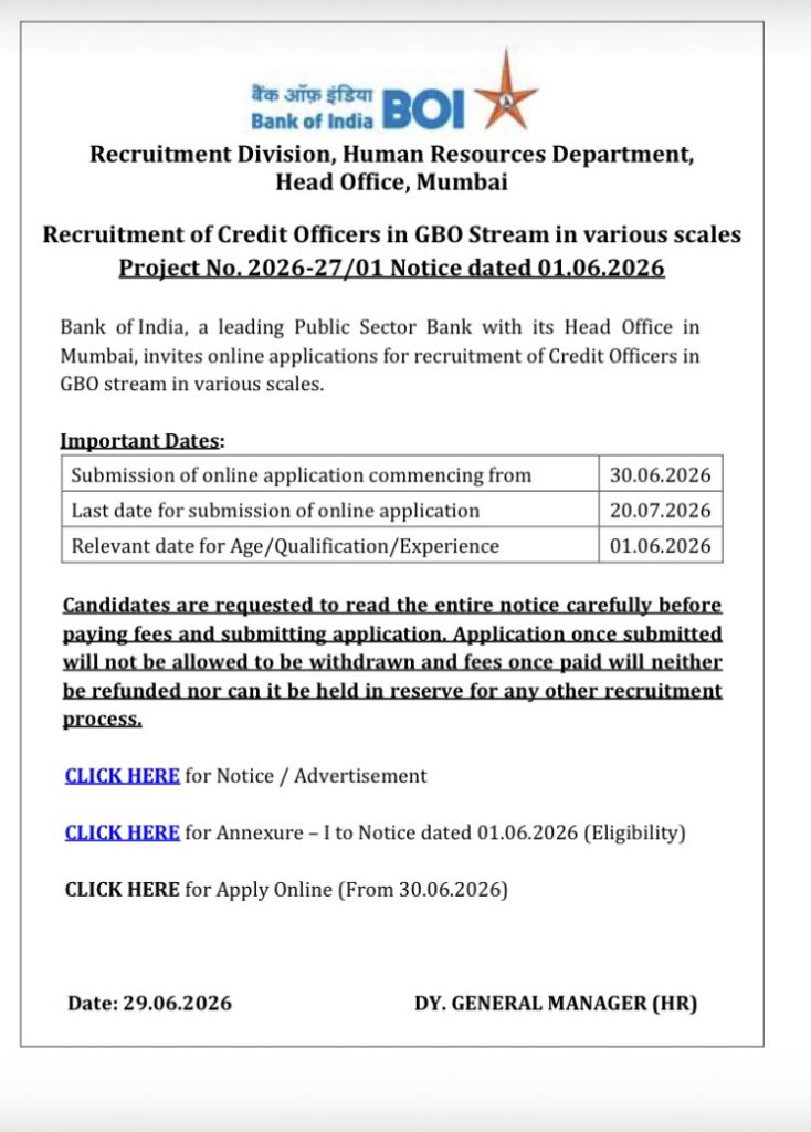 Official Notification for Credit Officers