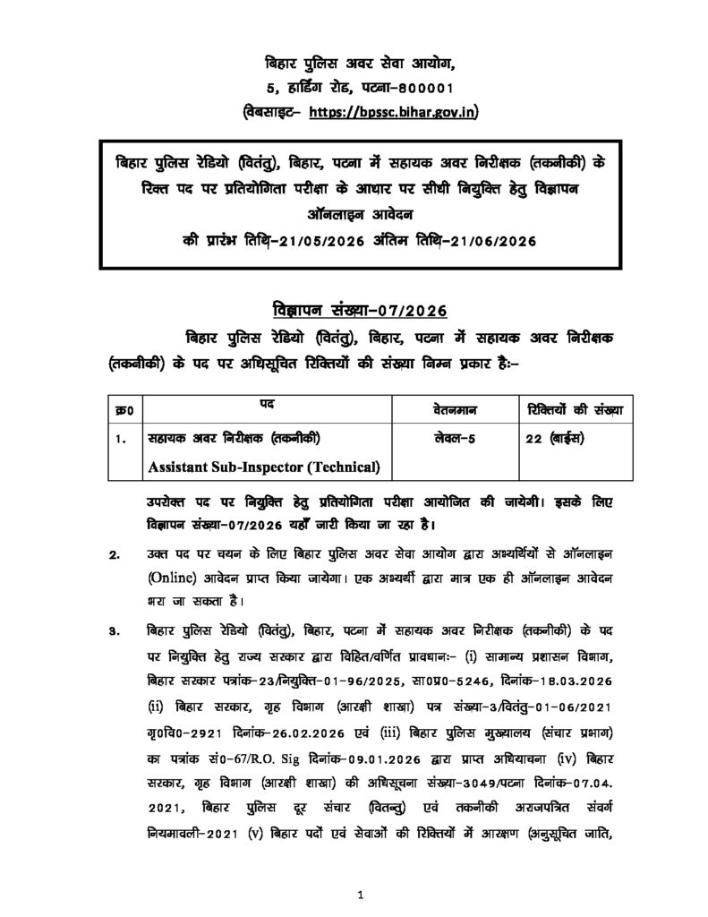 Official Notification for Assistant Sub-Inspector (Technical)