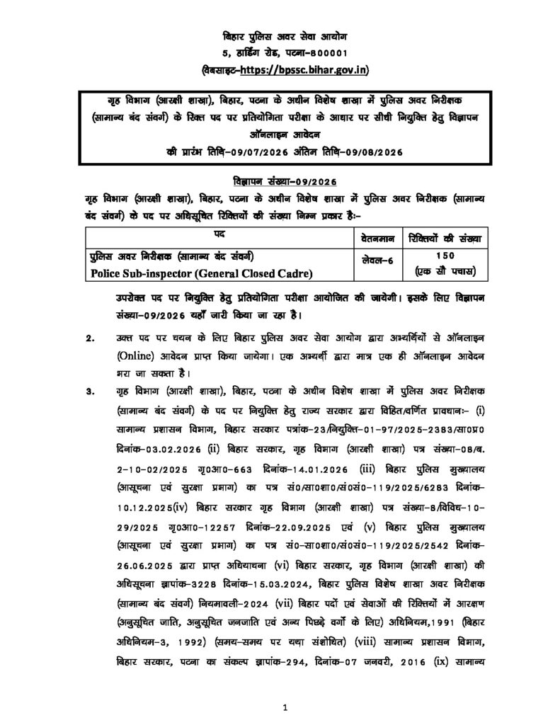 Official Notification for Bihar Police Sub Inspector