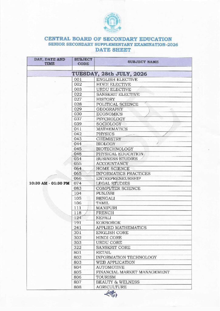 Official Notification for CBSE Board Class 12th Examination