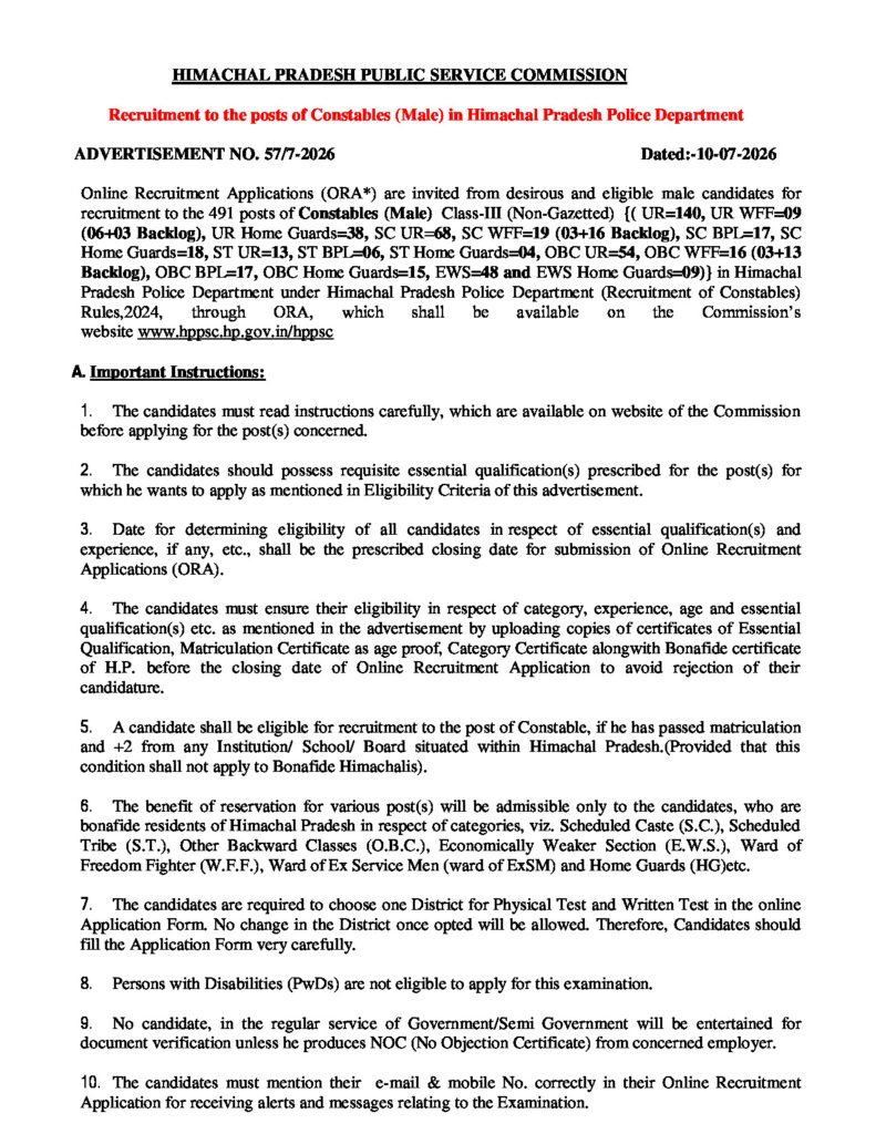 Official Notification for Police Constable (Male & Female)