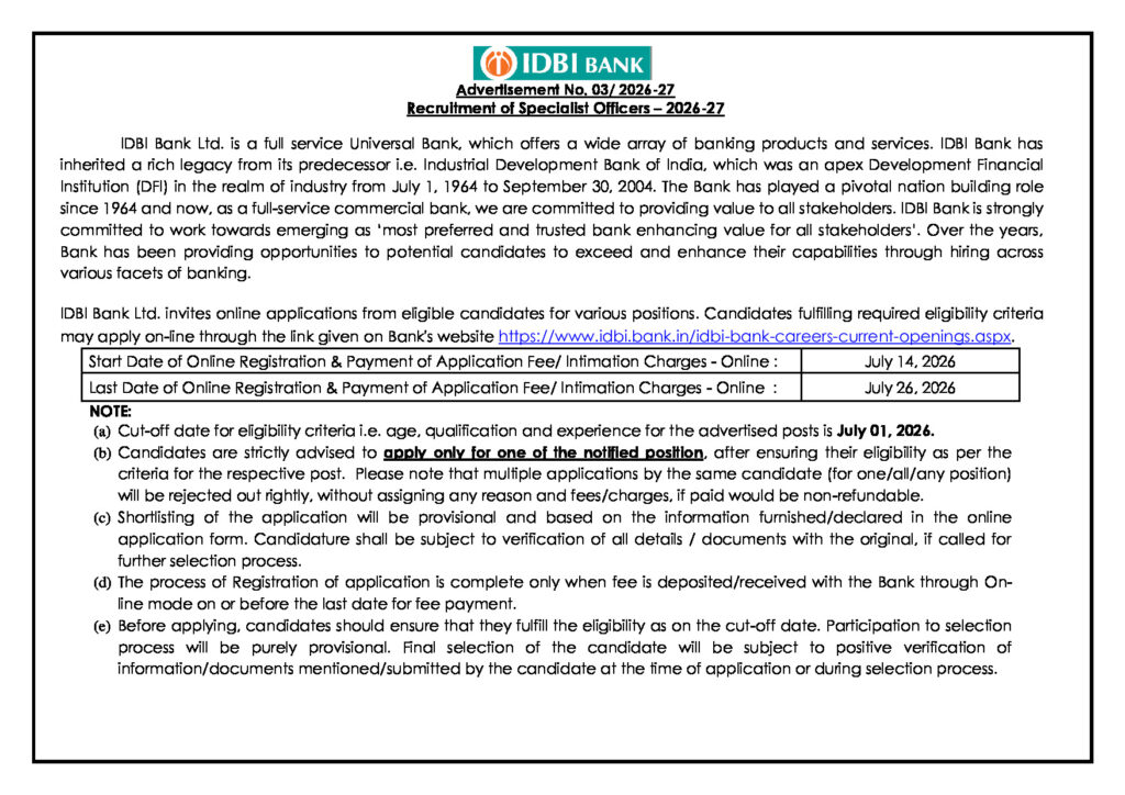 Official Notification for Specialist Officer (SO)
