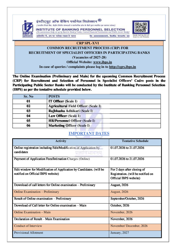 Official Notification for Specialist Officer (SO XVI)