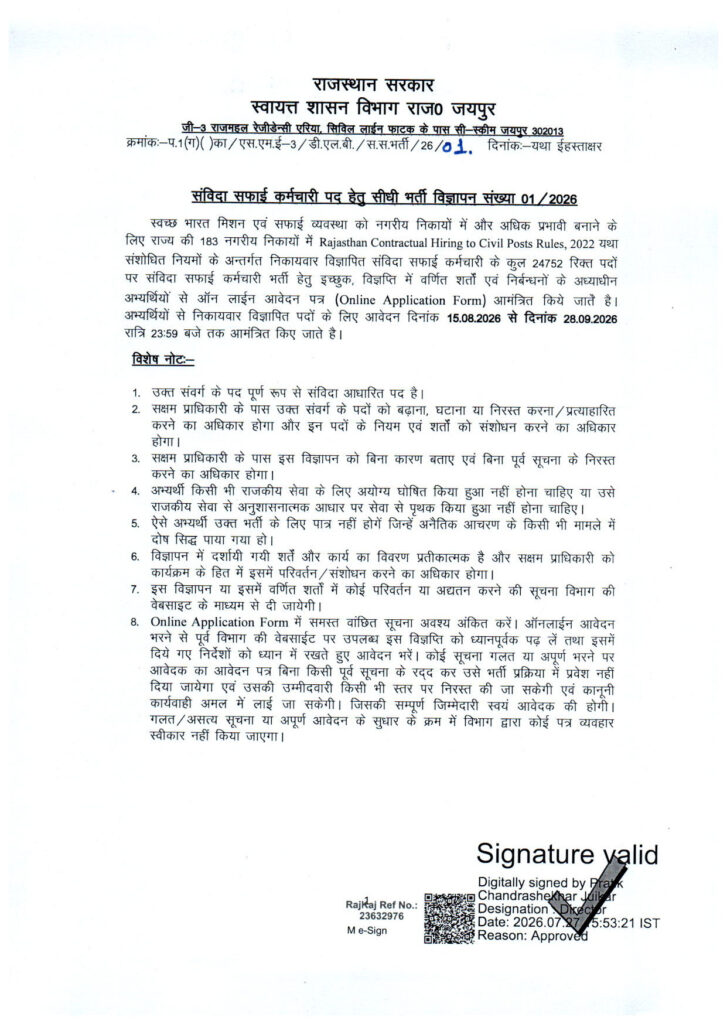 Official Notification for Safai Karmchari