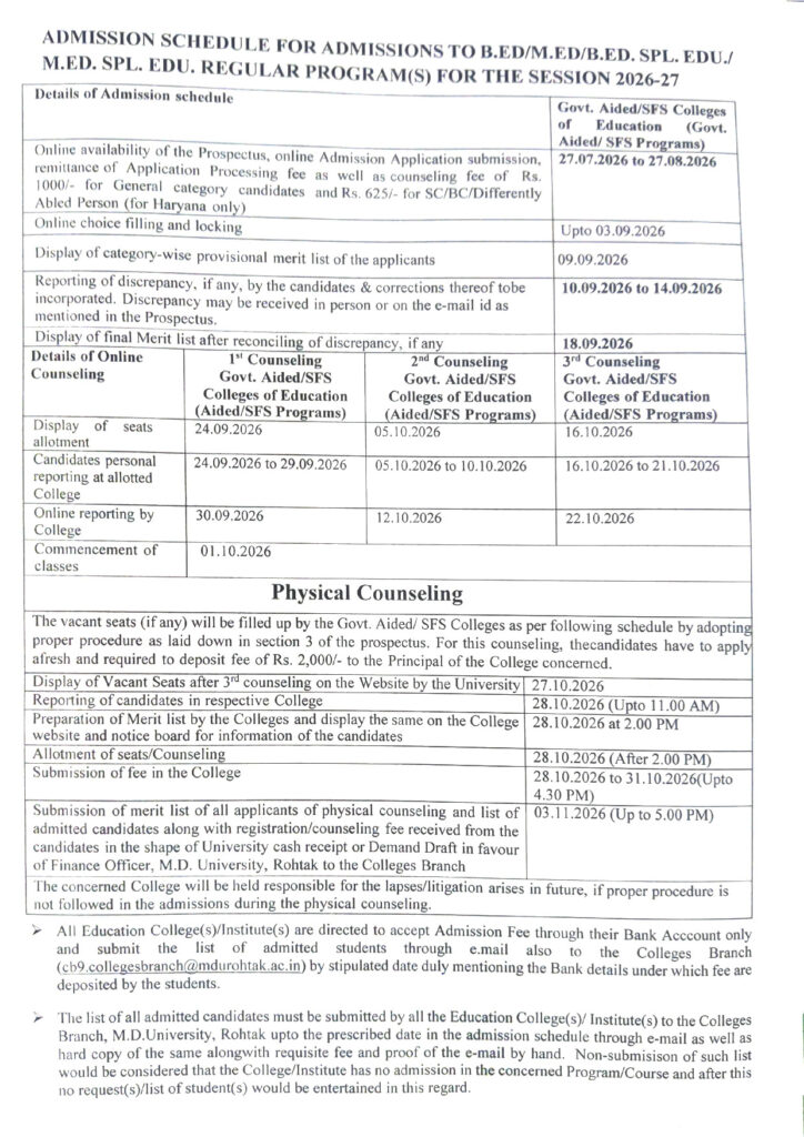 Official Notification for B.Ed / M.Ed Admission