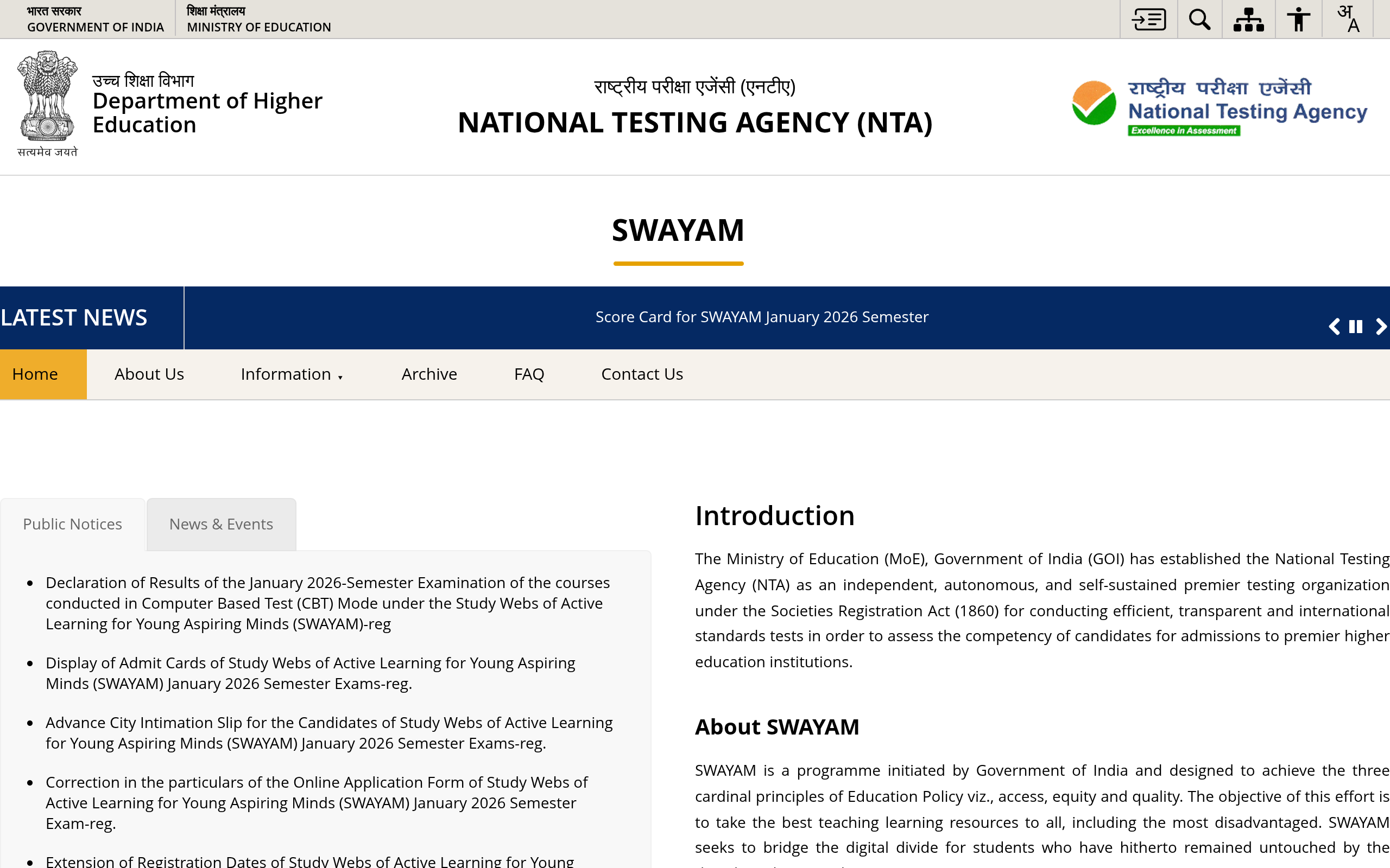 Official Notification screenshot for NTA SWAYAM