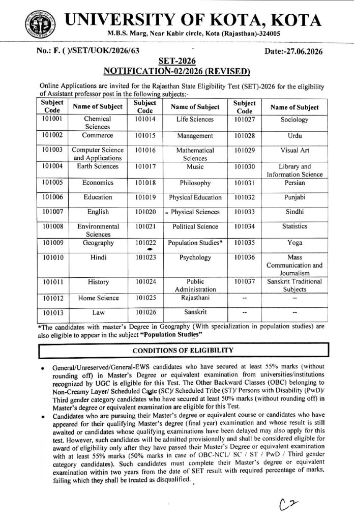 Official Notification for Rajasthan State Eligibility Test SET