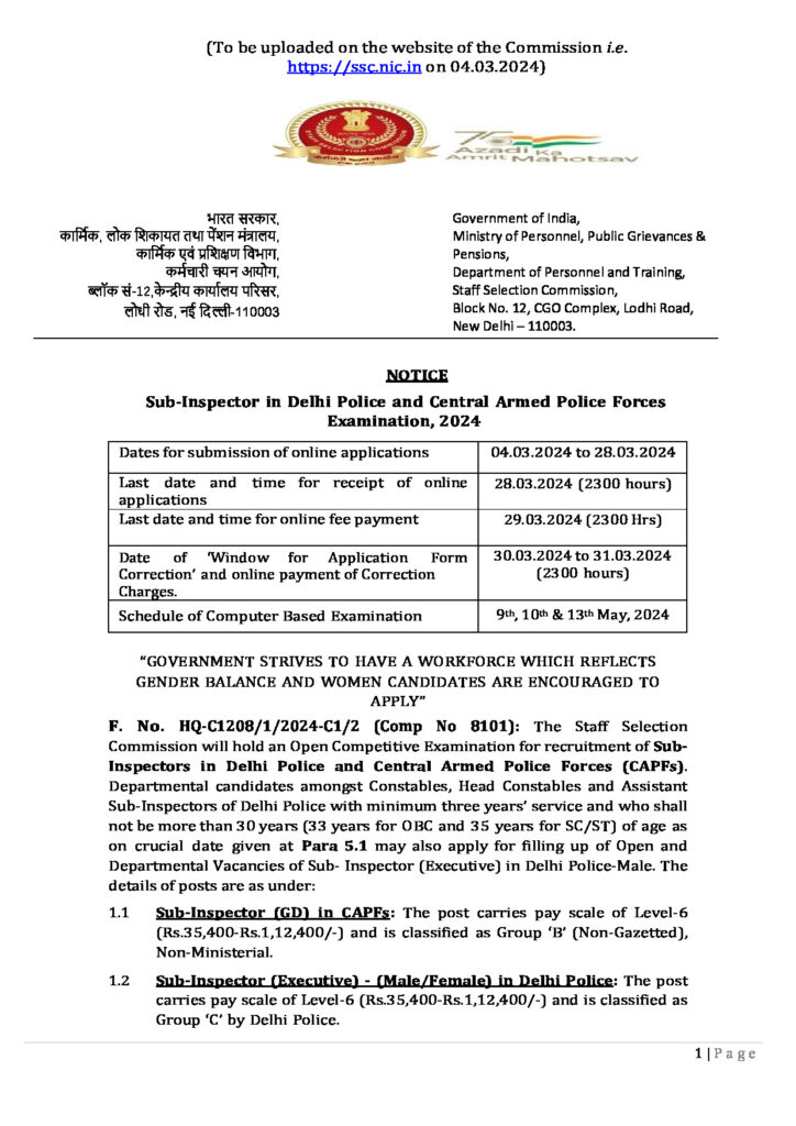 Official Notification for Sub-Inspector in Delhi Police and Central Armed Police Forces