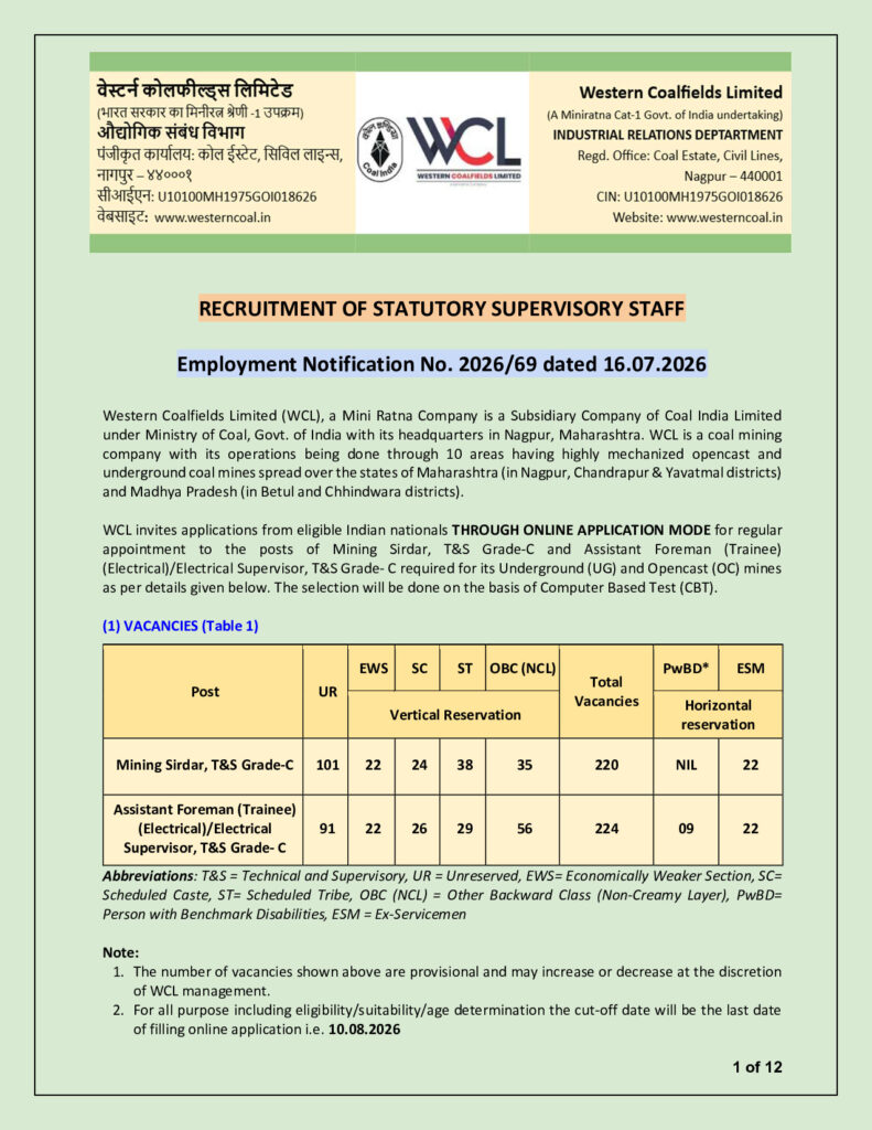 Official Notification for Mining Sirdar & Assistant Foreman
