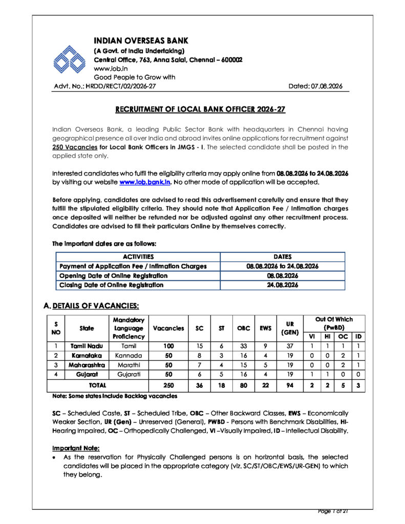 Indian Overseas Bank Local Bank official notification