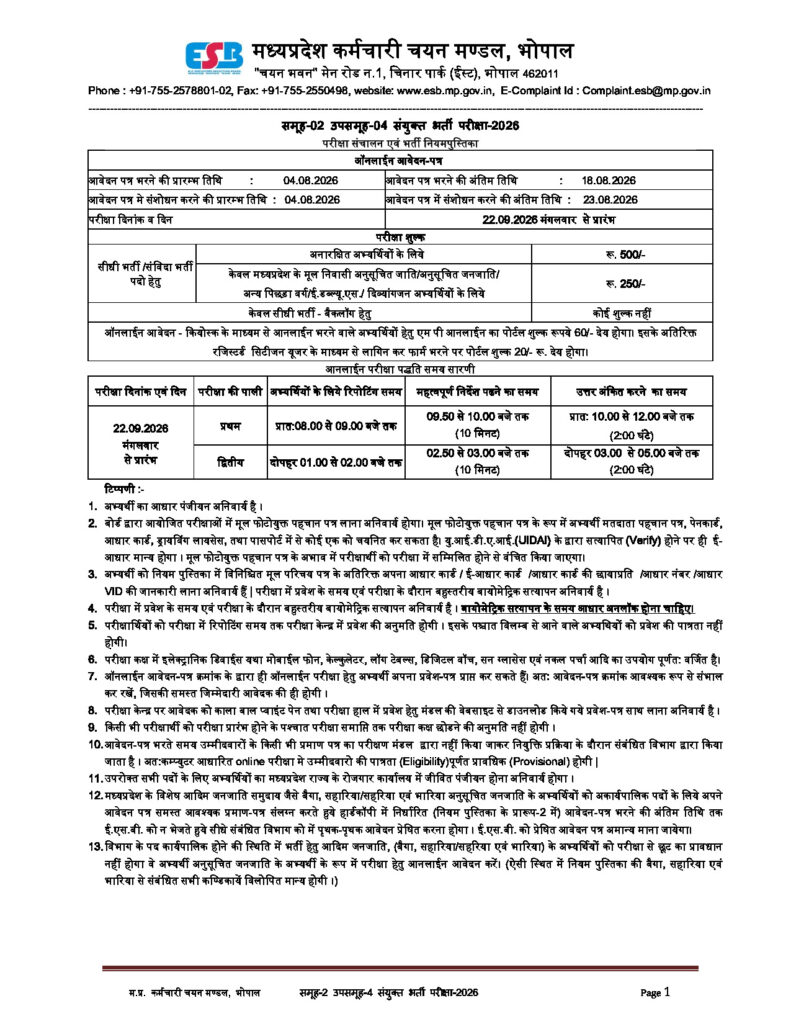 Madhya Pradesh Employee Selection Board official notification