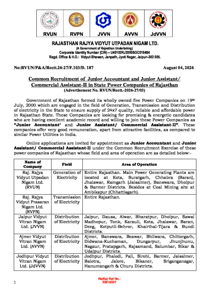 Rajasthan Rajya Vidyut Utpadan Nigam official notification