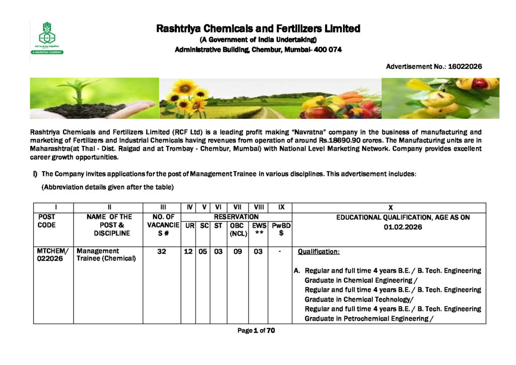 Rashtriya Chemicals and Fertilizers Limited official notification
