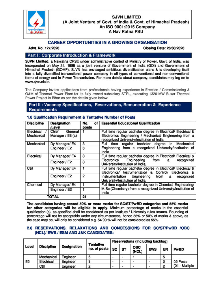 SJVN Limited Chief General Manager, official notification