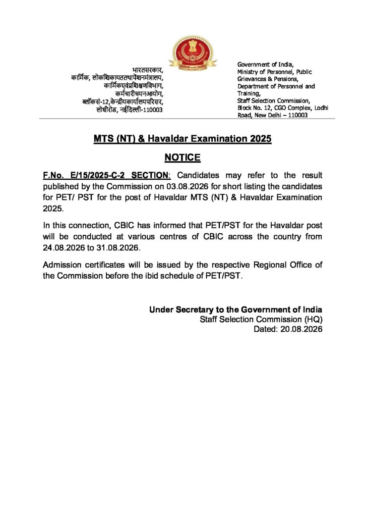Staff Selection Commission (SSC) Multi-Tasking official notification