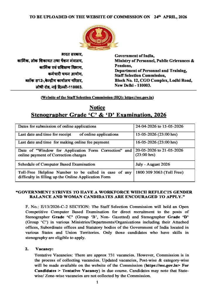 Staff Selection Commission (SSC) Stenographer official notification