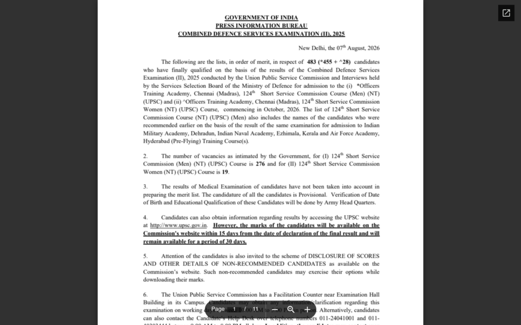 Union Public Service Commission (UPSC) official notification