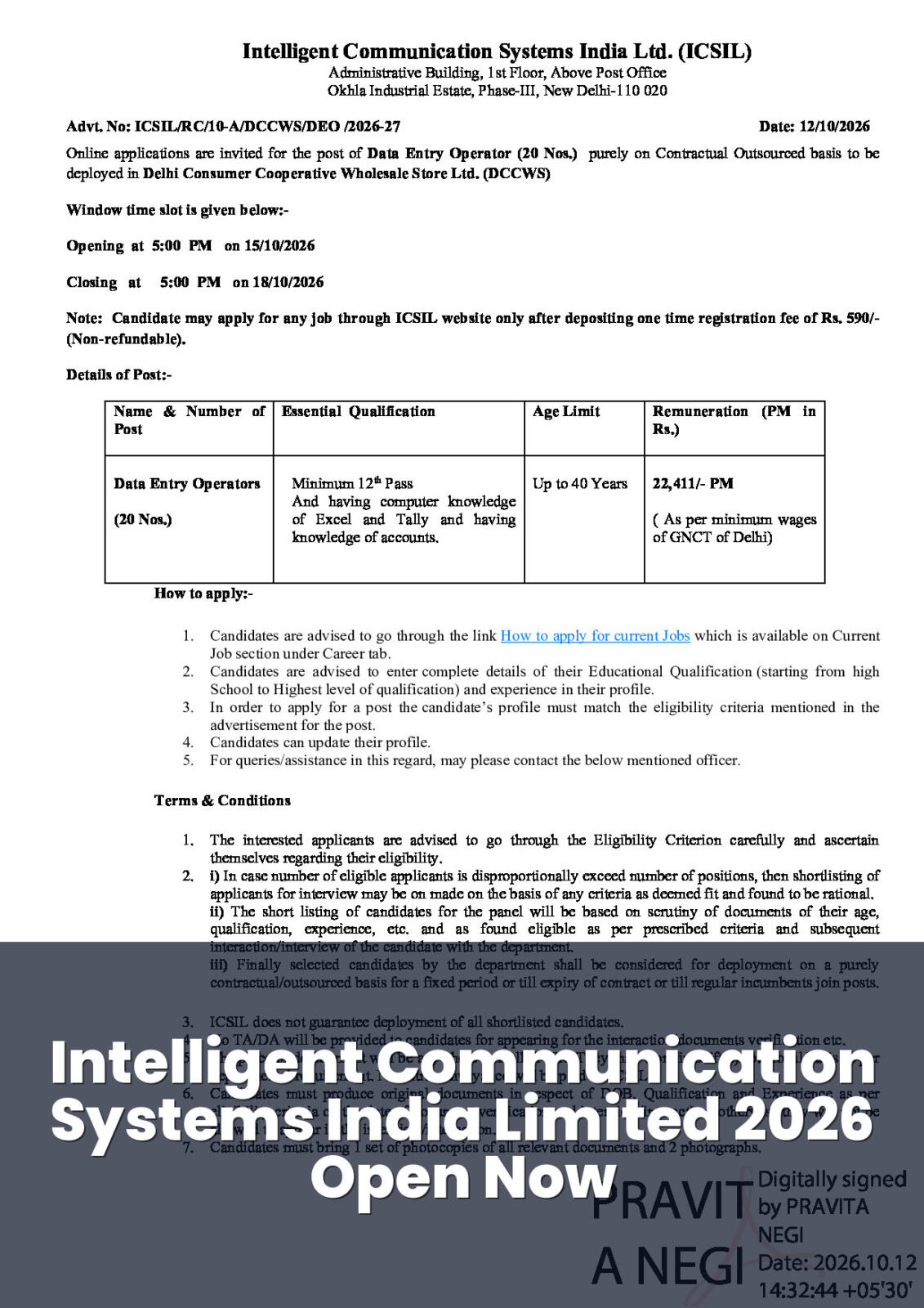 Official Notification screenshot for Data Entry Operator