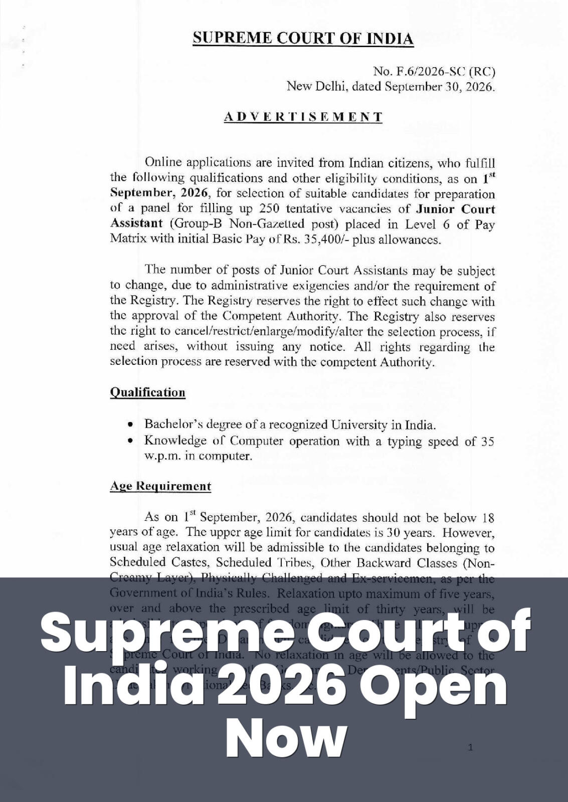 Official Notification screenshot for Junior Court Assistant